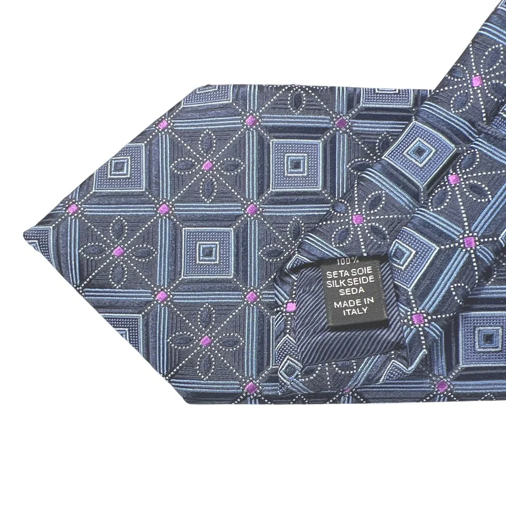 Ermenegildo Zegna Silk Tie Navy Blue Geometric Floral Lux Made in Italy NWT $165